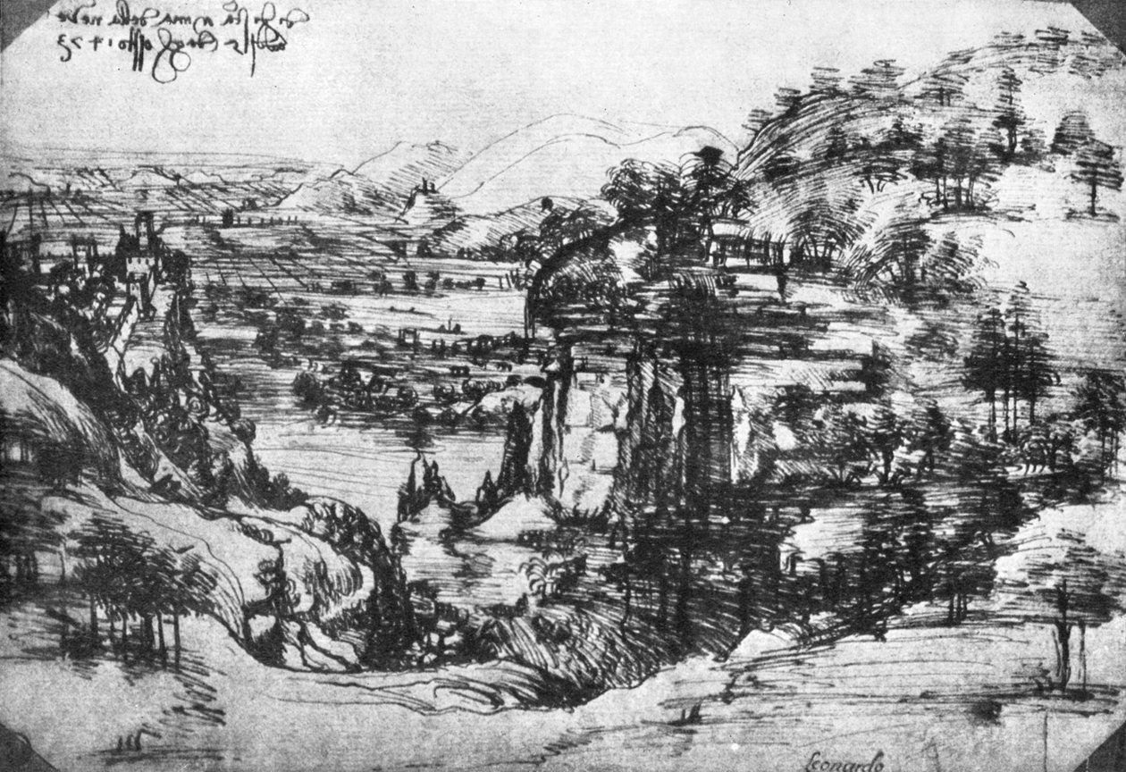 En skiss över landskapsvy, 1400-talet 1930. av Leonardo da Vinci