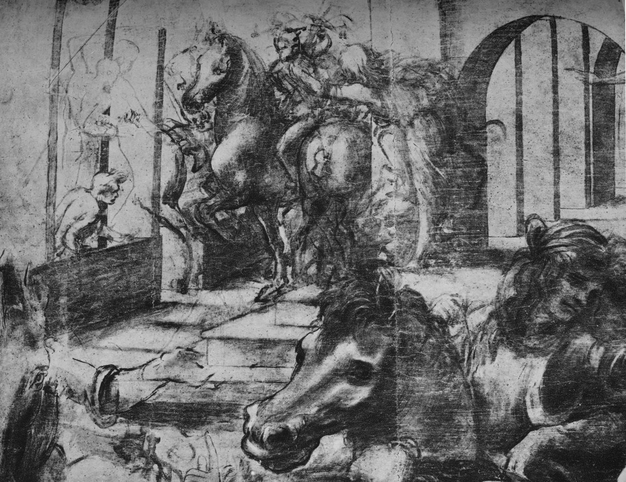 Adoration of the Magi - Arkitektur och figurer i bakgrunden till vänster, c1481 1945 av Leonardo da Vinci