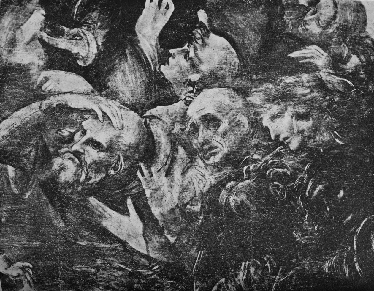 Adoration of the Magi - Gruppens huvuden bakom den knästående kungen till höger, c1481 1945 av Leonardo da Vinci