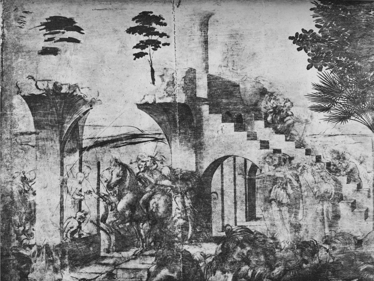 Adoration of the Magi - Ryttare på medeldistansen till vänster, c1481 1945 av Leonardo da Vinci