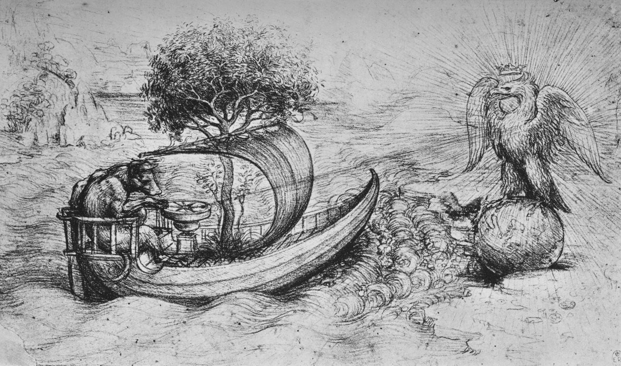 Allegori: En krönt örn som står på en jordglob och en varg som styr en båt, c1480 1945 av Leonardo da Vinci