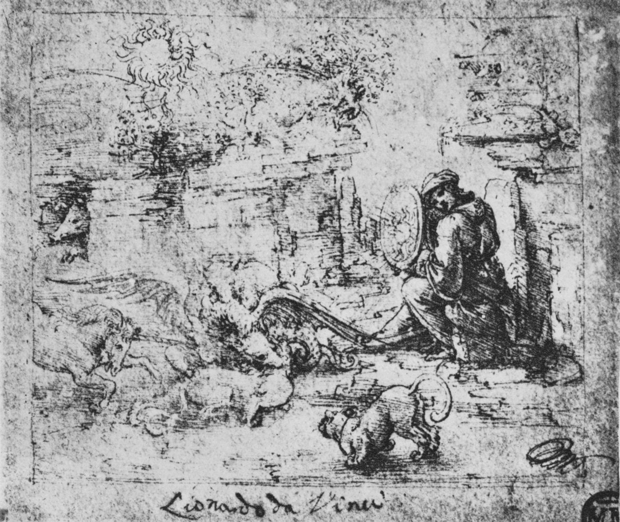 Allegori: Djur som slåss och en man med ett brinnande glas, c1480 1945 av Leonardo da Vinci