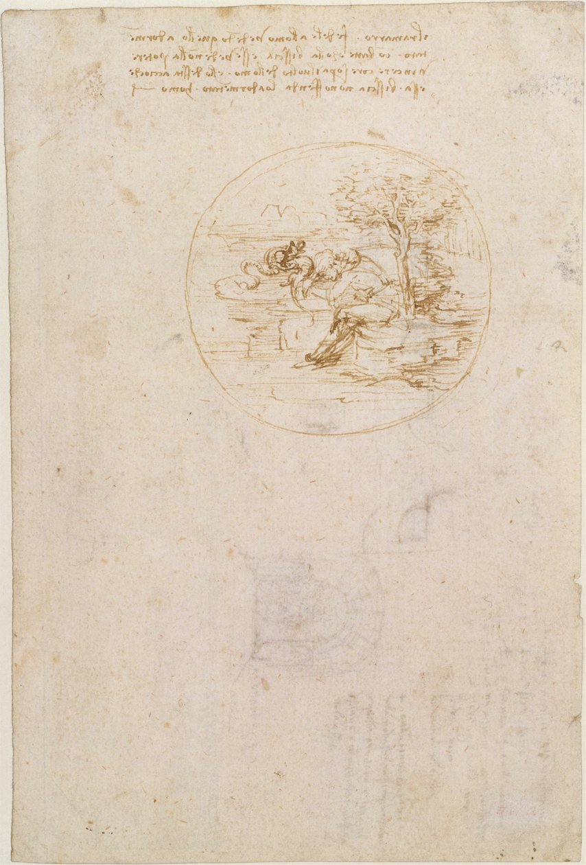 Allegori över ödlan som symbol för trofasthet (framsidan); Skiss till en scenografi (baksidan) av Leonardo da Vinci
