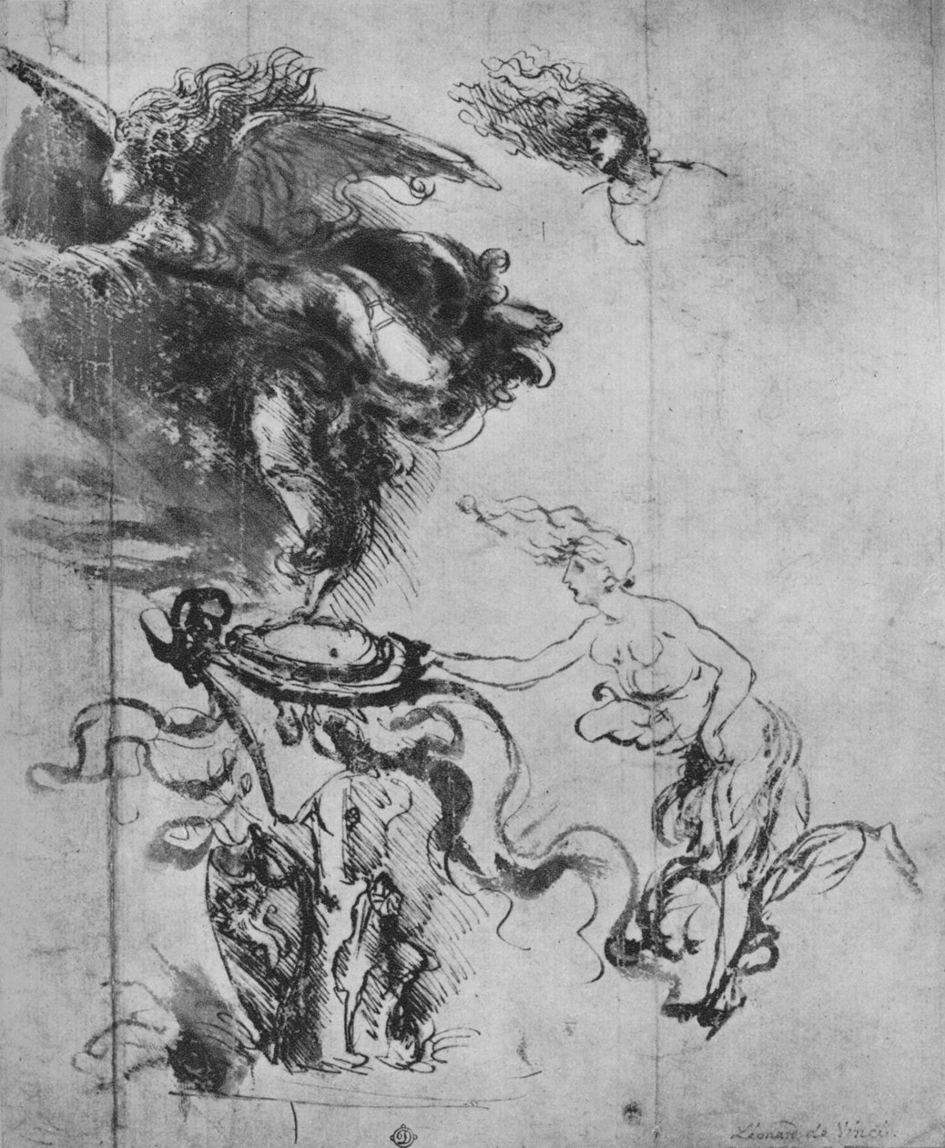 En ängel som placerar en sköld på en trofé och separata studier av ängeln, c1480 1945 av Leonardo da Vinci