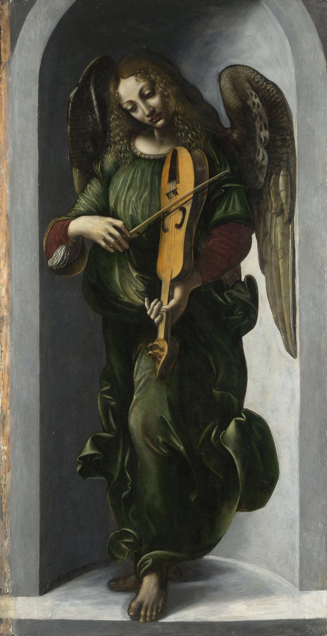 En ängel i grönt med en Vielle, ca. 1490-1499 av Leonardo da Vinci,