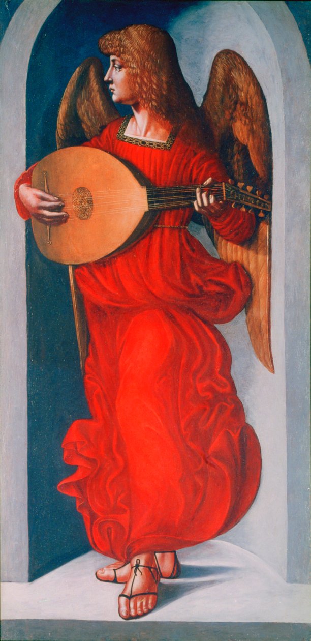 En ängel i rött med en lut, 1490-1499 av Leonardo da Vinci