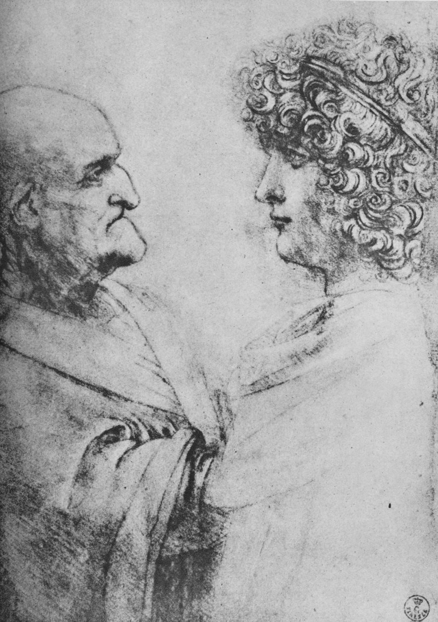 En gammal man och en ungdom som står inför varandra, c1480 1945 av Leonardo da Vinci