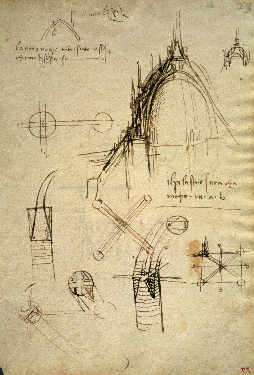 Arkitektoniska detaljer och avsnitt av kupolen i Duomo i Milano, f41 av Code Trivulzianus av Leonardo da Vinci