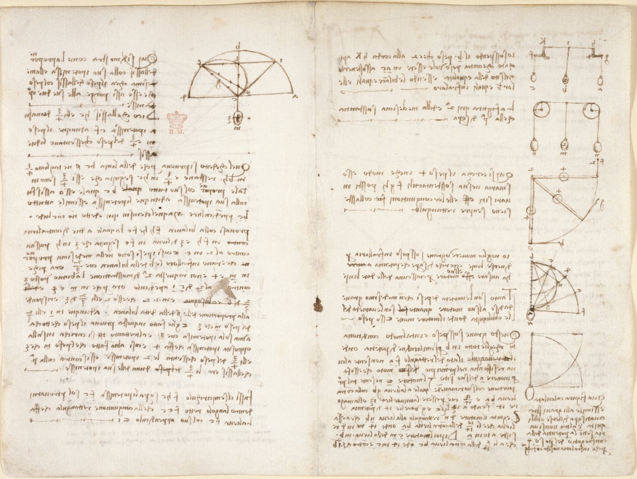 Arundel 263, f.10v, f.5 Anteckningar och diagram om mekanik av Leonardo da Vinci