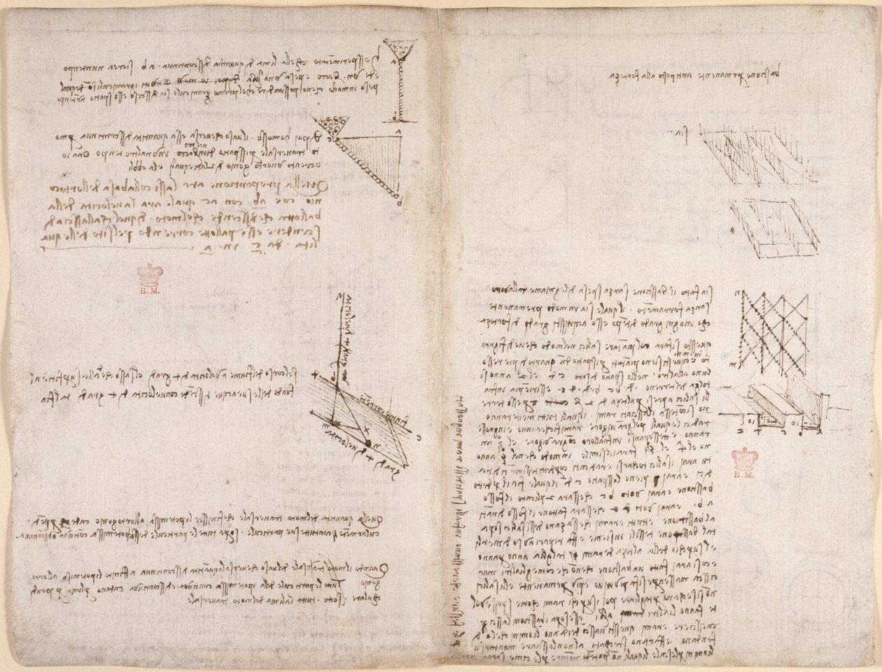 Arundel 263, f.120v, f.121 Anteckningar och diagram om mekanik, angående vätskors hastighet, c.1503-6 (penna & bläck på papper) av Leonardo da Vinci