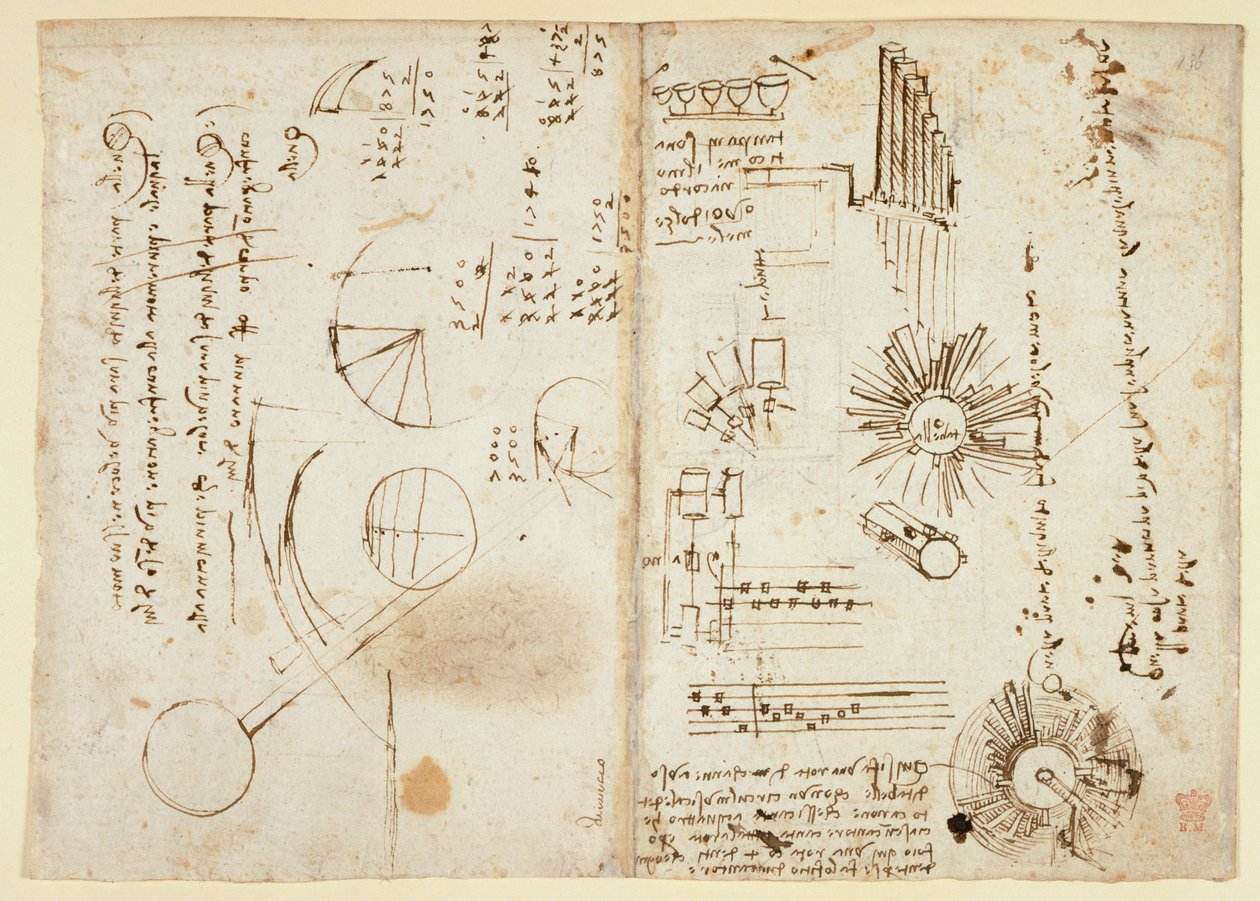 Arundel 263 f.137v, f.136 Anteckningar och grova diagram (side-on); matematiska beräkningar (side-on), från 