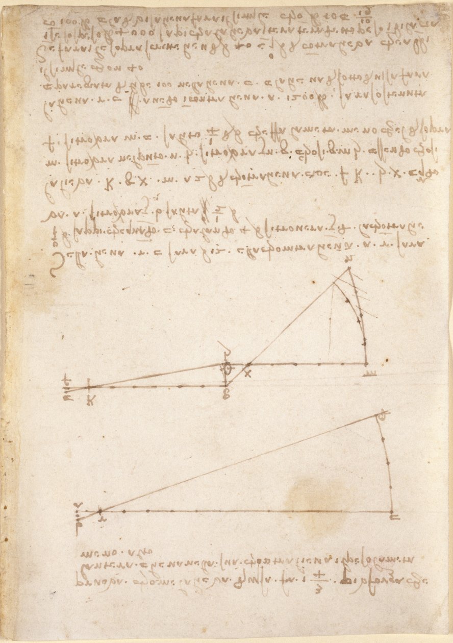 Arundel 263, f.214 Ritningar på de mekaniska krafterna och krafterna, slagverk, gravitation, rörelse, optik och astronomi, med olika aritmetiska och geometriska propositioner (penna och bläck på papper) av Leonardo da Vinci