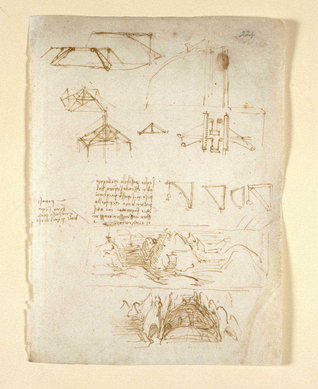 Arundel 263, f.224 Anteckningar och diagram; skisser av berg och en grotta, från 