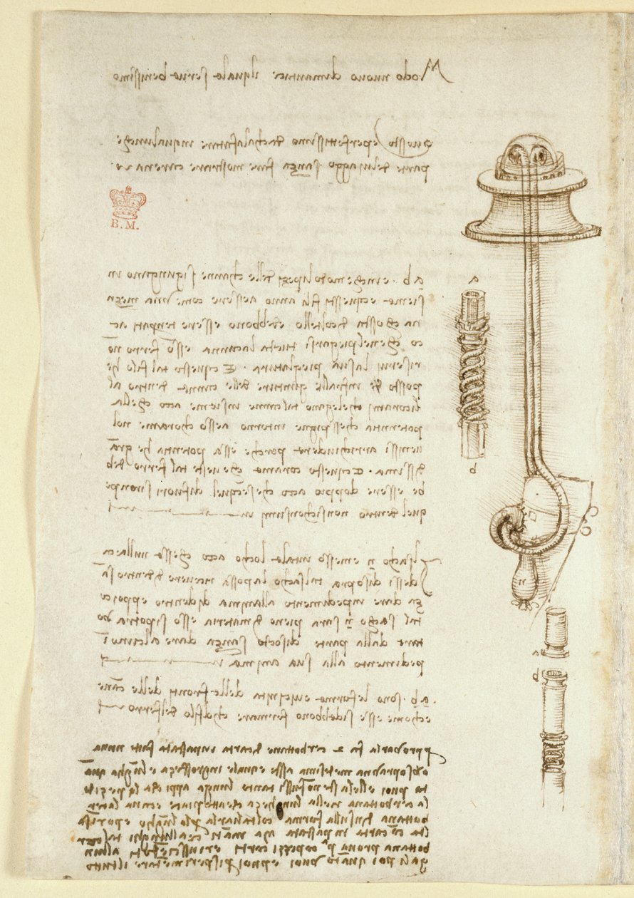 Arundel 263, f.24v Anteckningar och skisser som illustrerar Leonardos studie av andningsapparat för en dykare (1508), från 