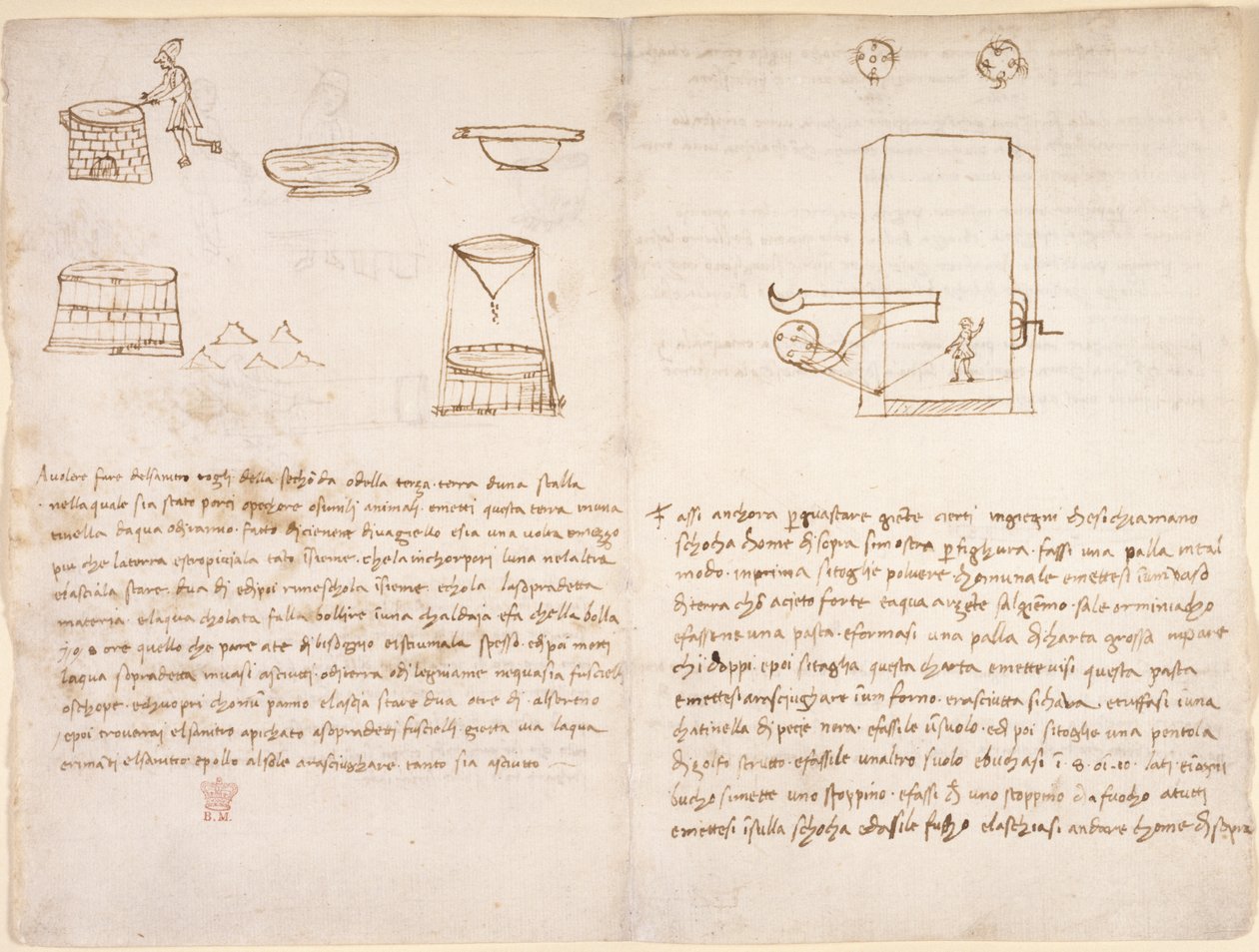 Arundel 263, f.259v, f.260 Anteckningar och grova skisser om processen att framställa salpeter för att förbereda krut (ej i Leonardos hand) (penna och bläck på papper) av Leonardo da Vinci