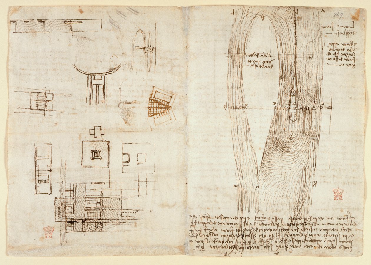 Arundel 263, f.264v Ritningar på de mekaniska krafterna och krafterna, slagverk, gravitation, rörelse, optik och astronomi, med olika aritmetiska och geometriska propositioner. av Leonardo da Vinci
