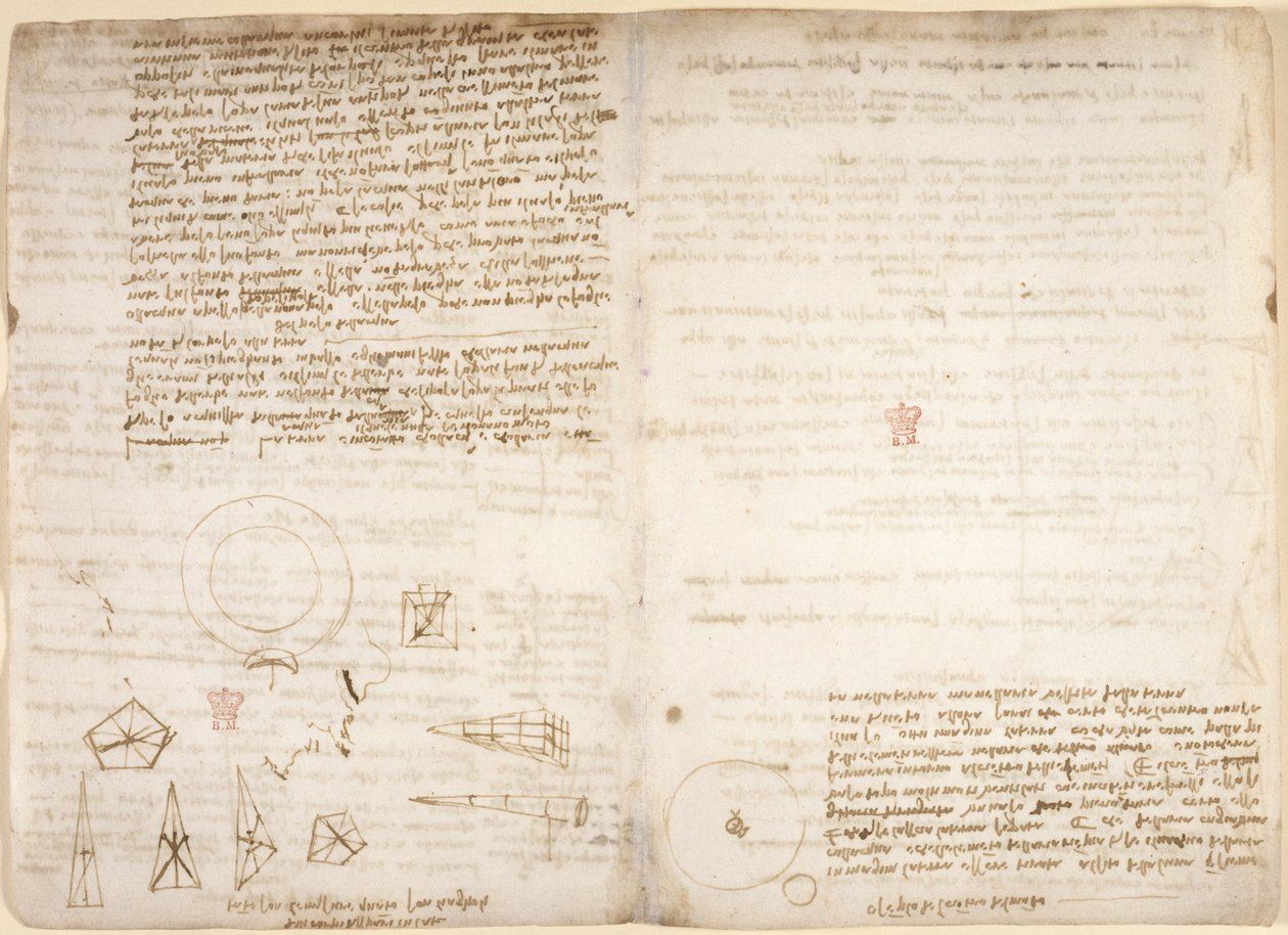 Arundel 263, f.266v, f.267 Anteckningar om kosmologi (upp och ner); diagram som illustrerar Leonardos observationer av tyngdpunkten, från 