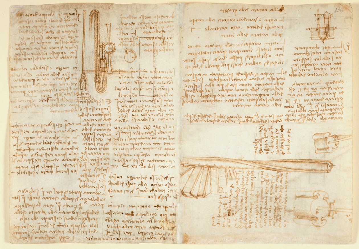Arundel 263 f.269v, f.264 Anteckningar och skiss på en hydraulisk anordning, från 