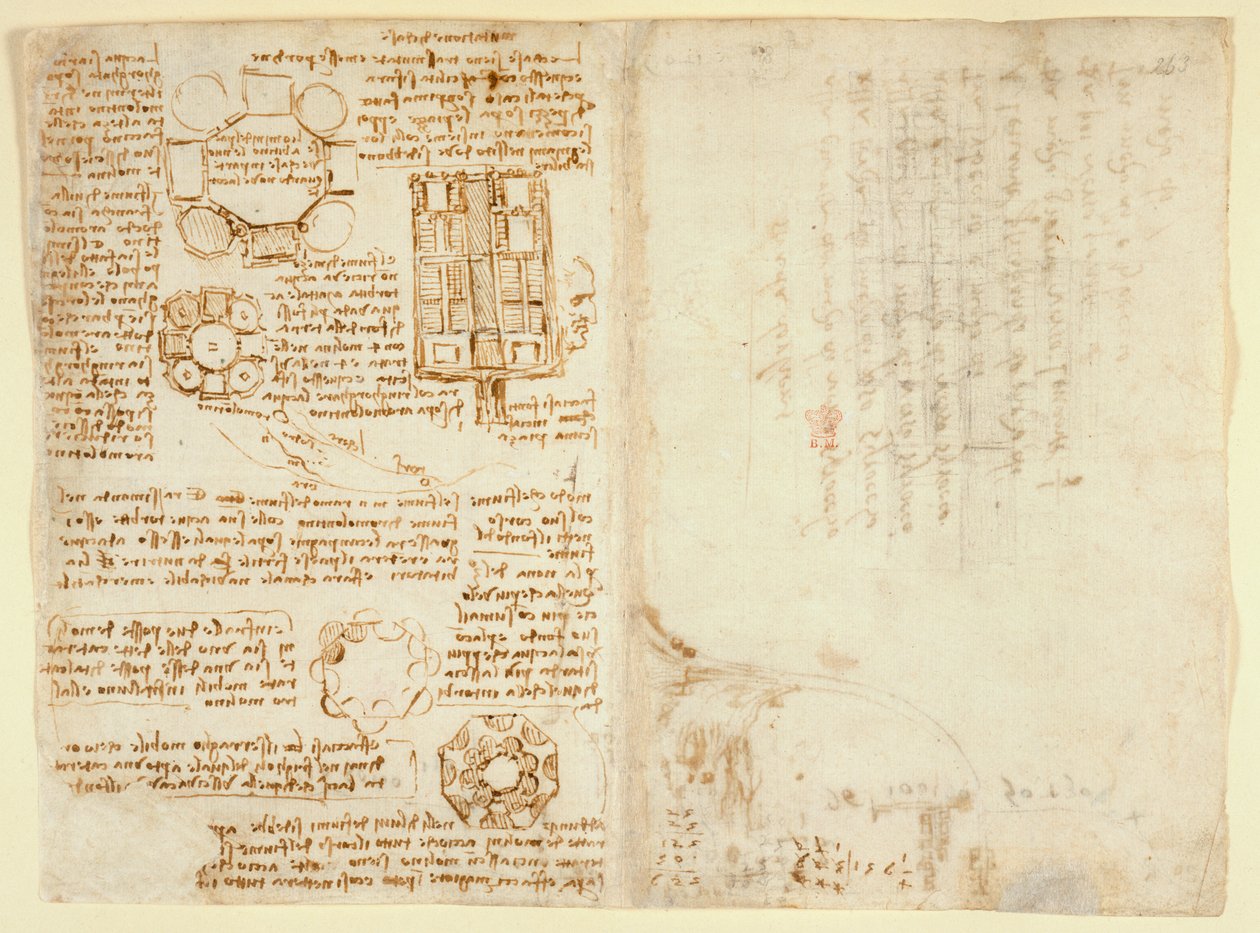 Arundel 263 f.270v, f.263, Teckningar av Leonardo Da Vinici om mekaniska krafter och krafter, slagverk, gravitation, rörelse, optik och astronomi, med olika aritmetiska och geometriska förslag (penna och bläck på papper) av Leonardo da Vinci