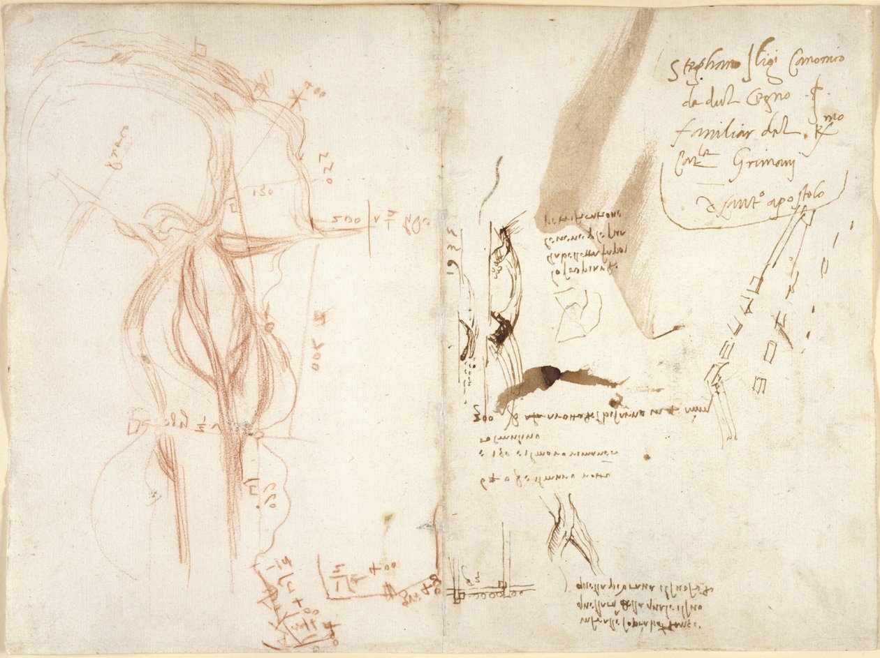 Arundel 263, f.275v, f.274 Planimetrisk skiss av floden Arno; anteckningar om avstånd och riktningar av Leonardo da Vinci