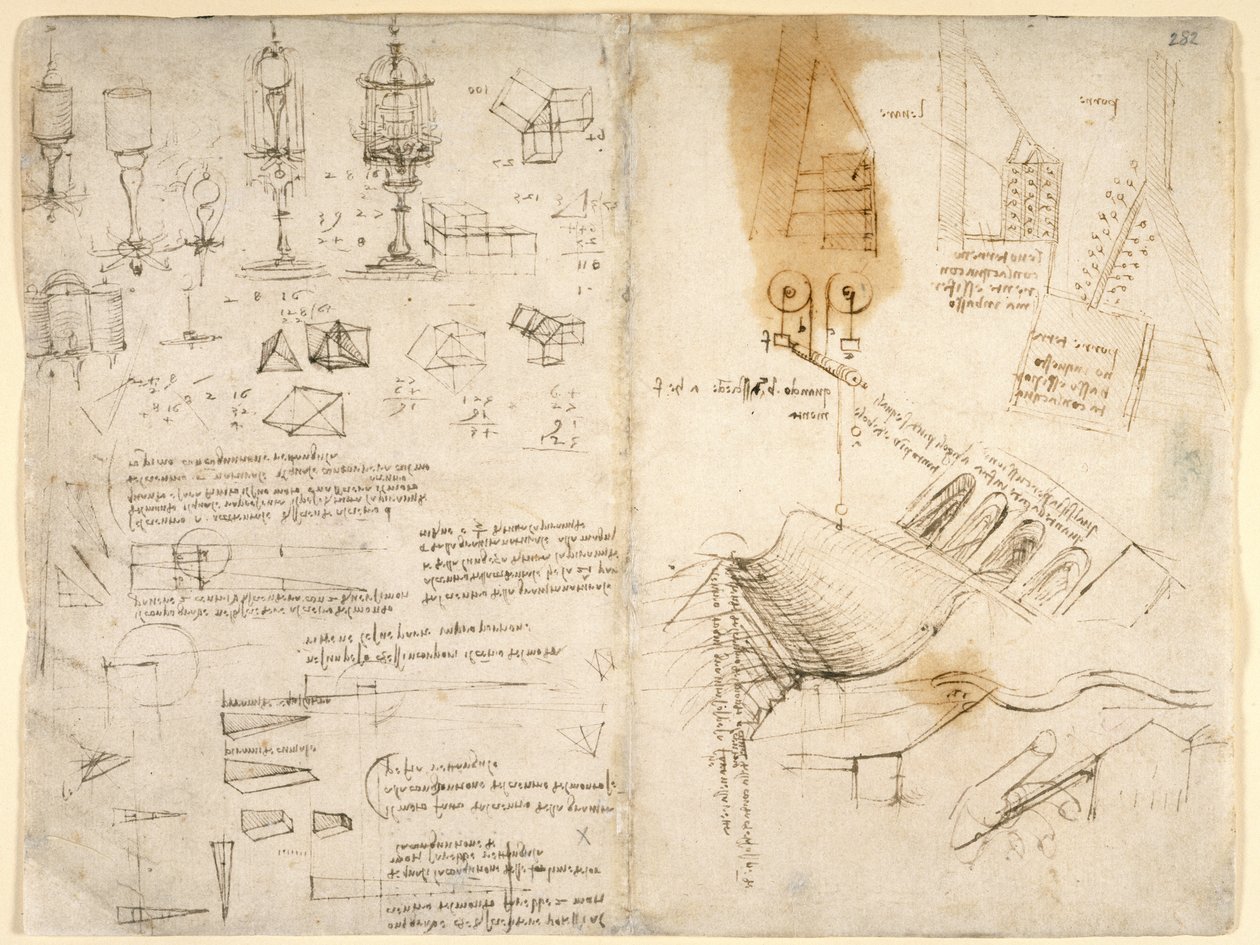 Arundel 263, f.283v, f.282 Skisser över gångjärnslampor; anteckningar om mekanik; matematiska beräkningar; geometriska skisser (penna och bläck på papper) av Leonardo da Vinci