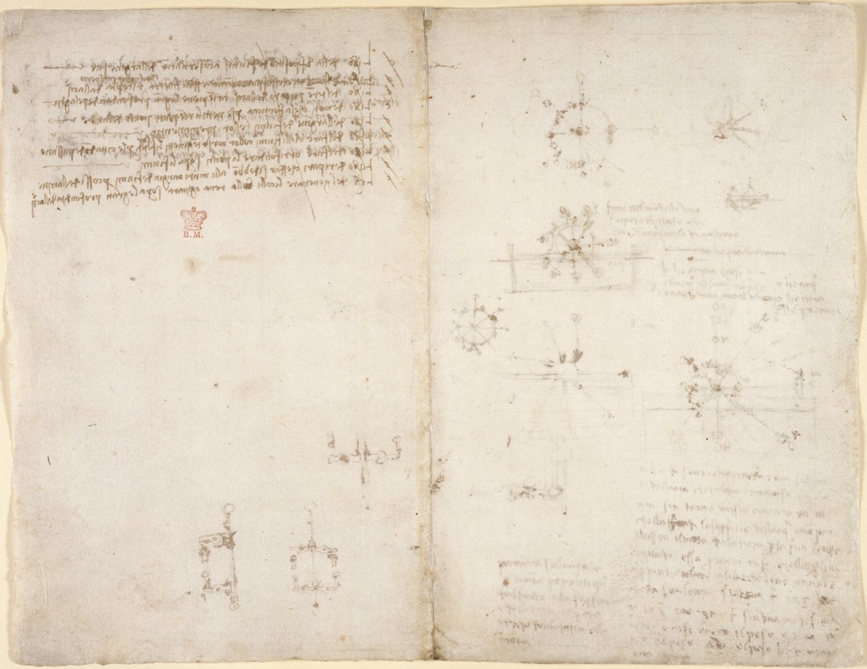 Arundel 263, f.35v, f.34 Ritningar på de mekaniska krafterna och krafterna, slagverk, gravitation, rörelse, optik och astronomi, med olika aritmetiska och geometriska propositioner. av Leonardo da Vinci