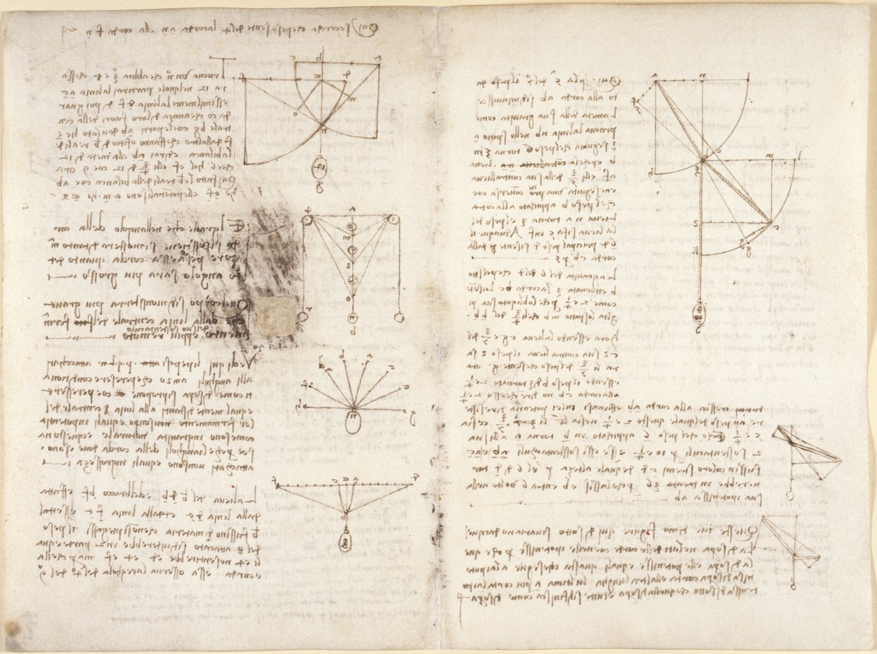 Arundel 263, f.3v, f.12 Anteckningar och diagram om mekanik av Leonardo da Vinci