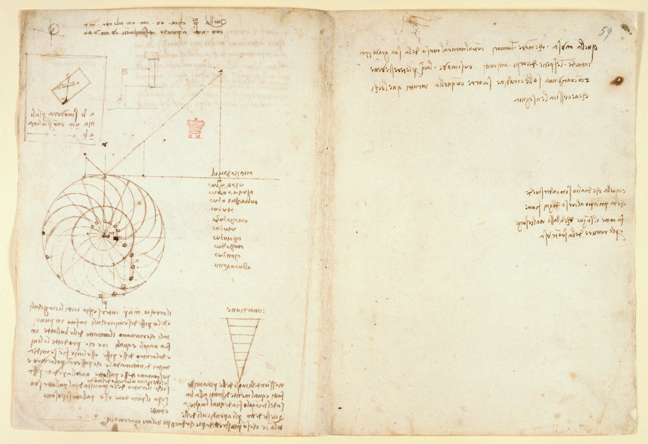 Arundel 263 f.44v, f.59 En skiss av ett öga och en näsa av ett ansikte i profil; anteckningar om vatten, från 