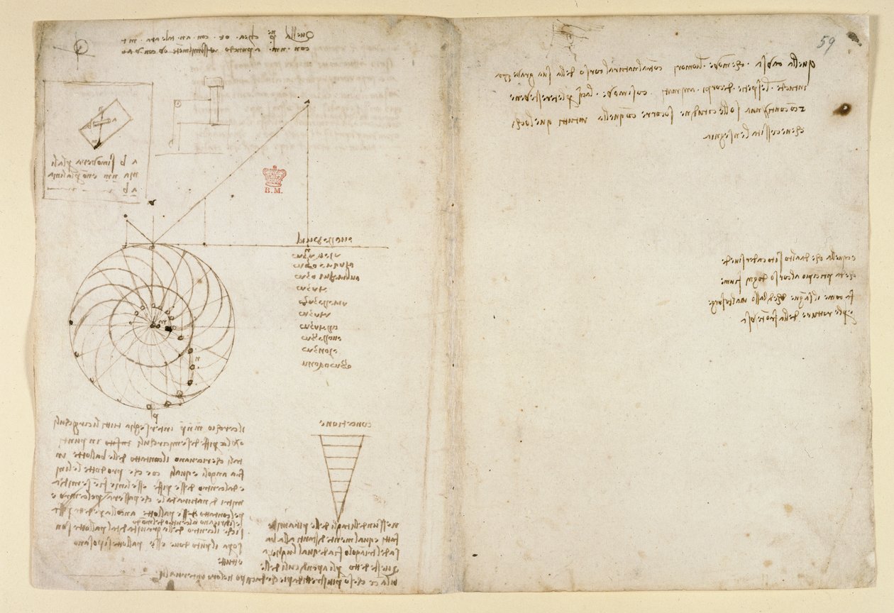 Arundel 263, f.44v, f.59 En skiss av ett öga och en näsa av ett ansikte i profil; anteckningar om vatten, från 