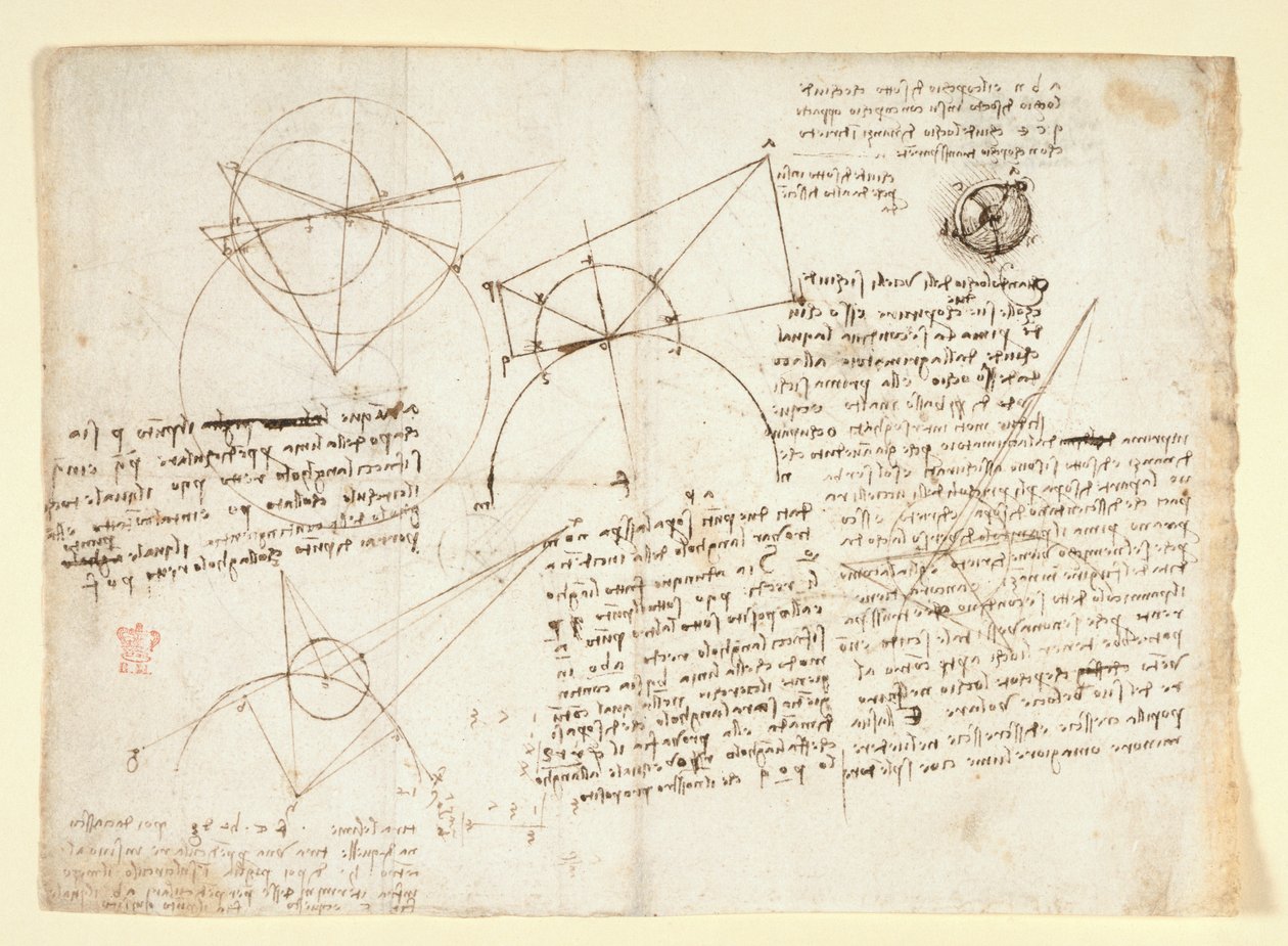 Arundel 263, f.64v Baksidan av ett enda stort blad, tidigare bunden längs högerkanten och invikt i anteckningsboken. Anteckningar och diagram om optik, angående Alhazens problem; schematisk skiss av en ögonglob åtföljd av anteckningar relaterade till L av Leonardo da Vinci