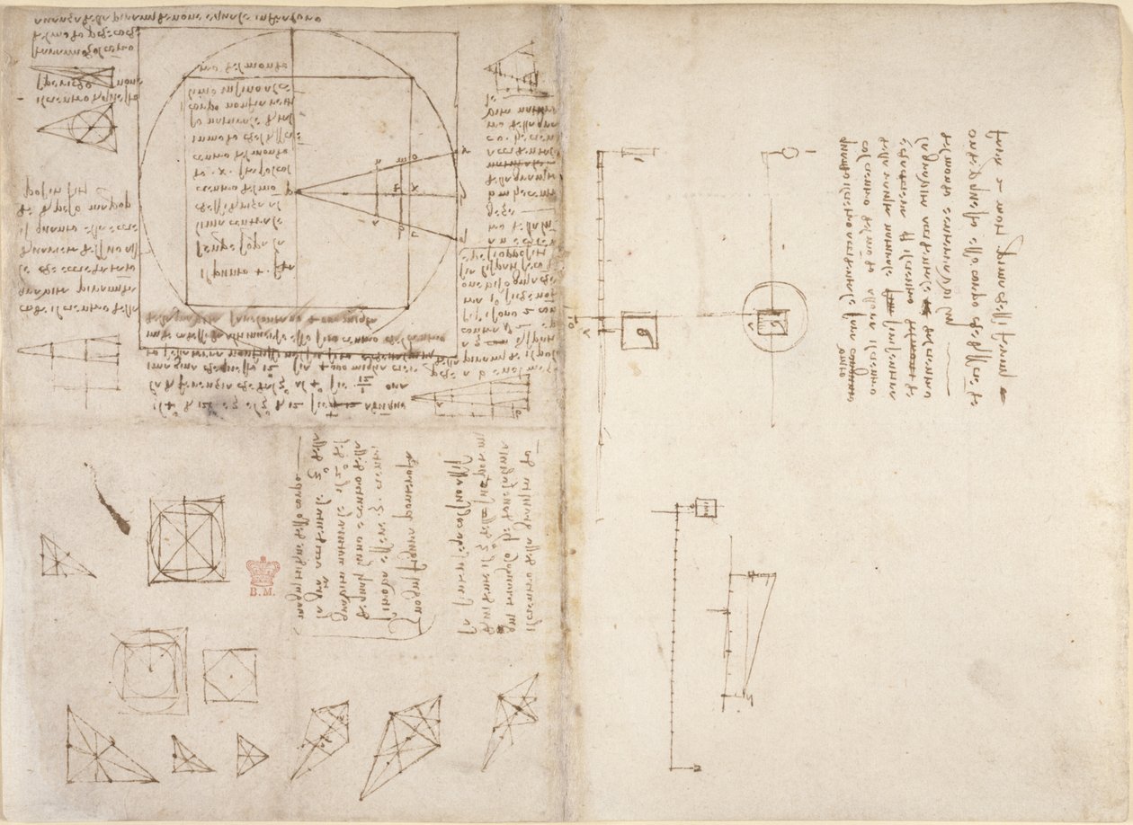 Arundel 263, f.72v, f.69 Anteckningar och diagram om mekanik och tyngdpunkten, från 