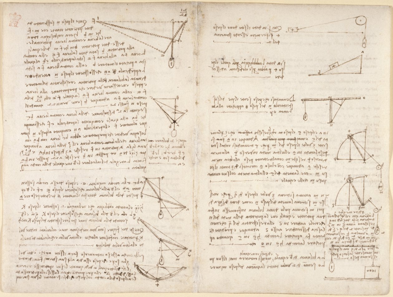 Arundel 263, f.7v, f.8 Anteckningar och diagram om mekanik av Leonardo da Vinci
