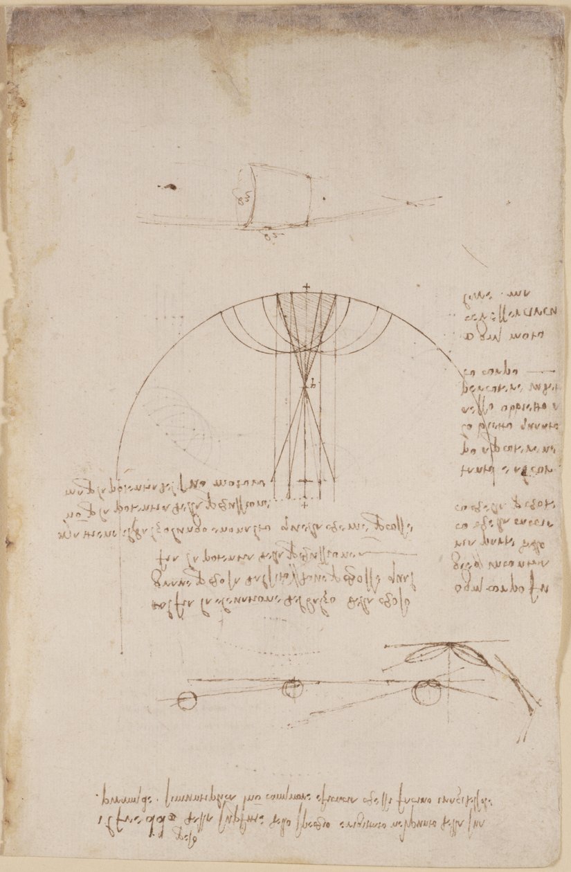 Arundel 263, f.85 Diagram över optik, rörande reflektionens kaustik; not och skiss om mekanik, om slagverkskraften och med hänvisningar till den aristoteliska principen 