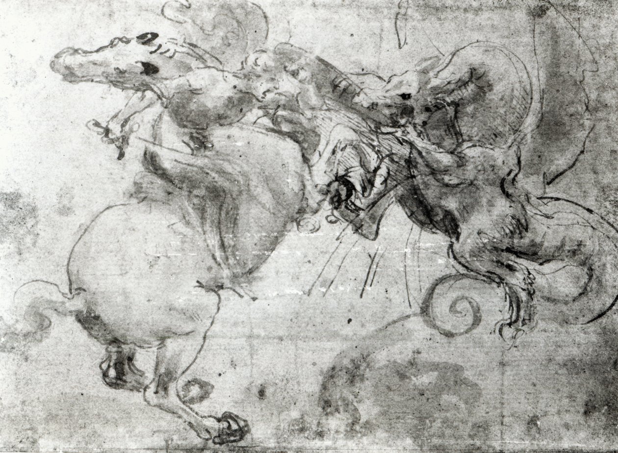 Strid mellan en ryttare och en drake, c.1482 (underritning med penna, penna och pensel på papper) av Leonardo da Vinci