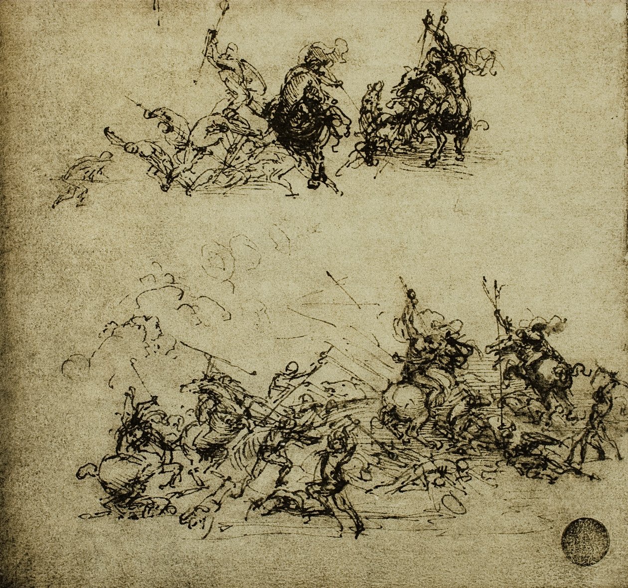 Stridsscen; teckning av Leonardo da Vinci. Gallerie dell