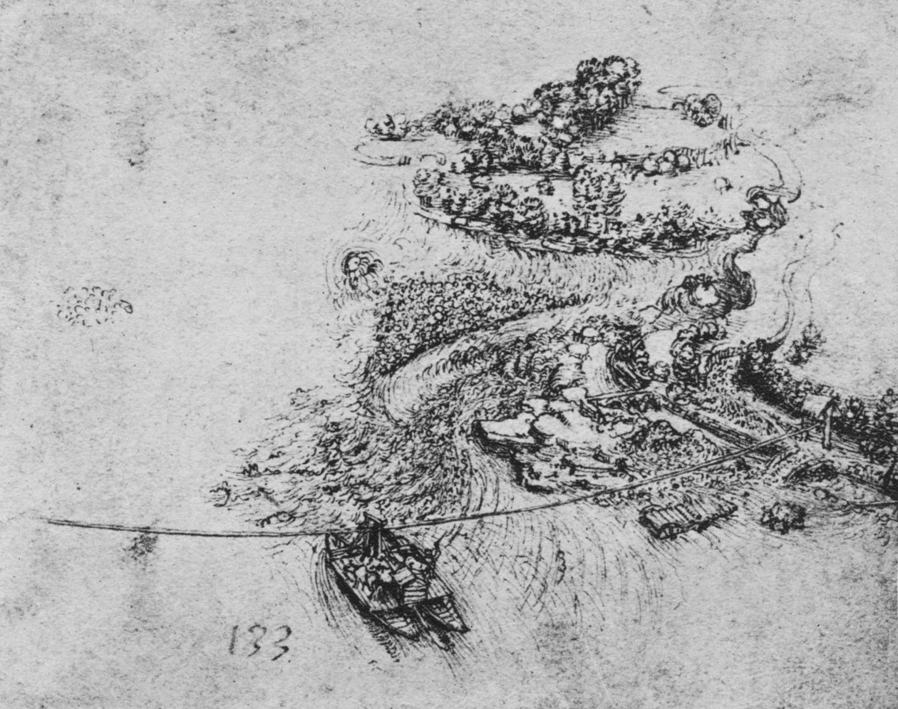 Fågelperspektiv över en flod med en repfärja, c1480 1945 av Leonardo da Vinci