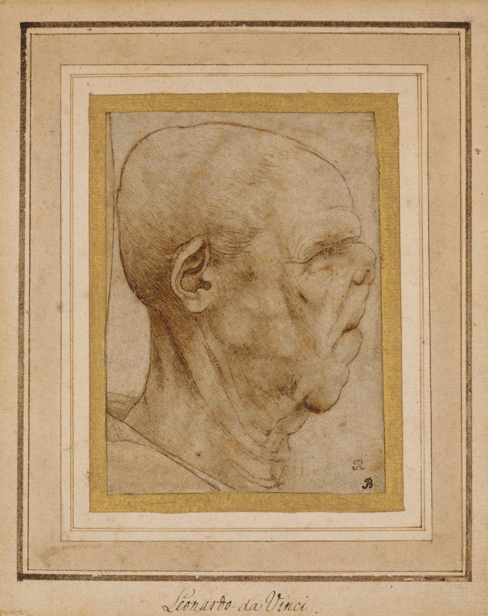 Karikatyr av en gammal mans huvud, i profil till höger, ca 1507 av Leonardo da Vinci