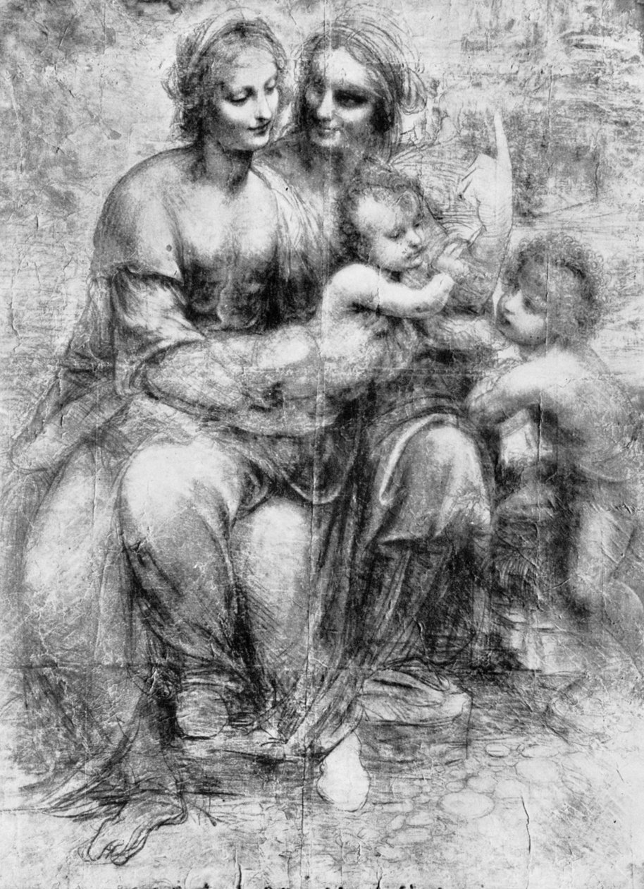 Tecknad film av St Anne med Madonna och barnet och St John, 1400-talet 1930. av Leonardo da Vinci