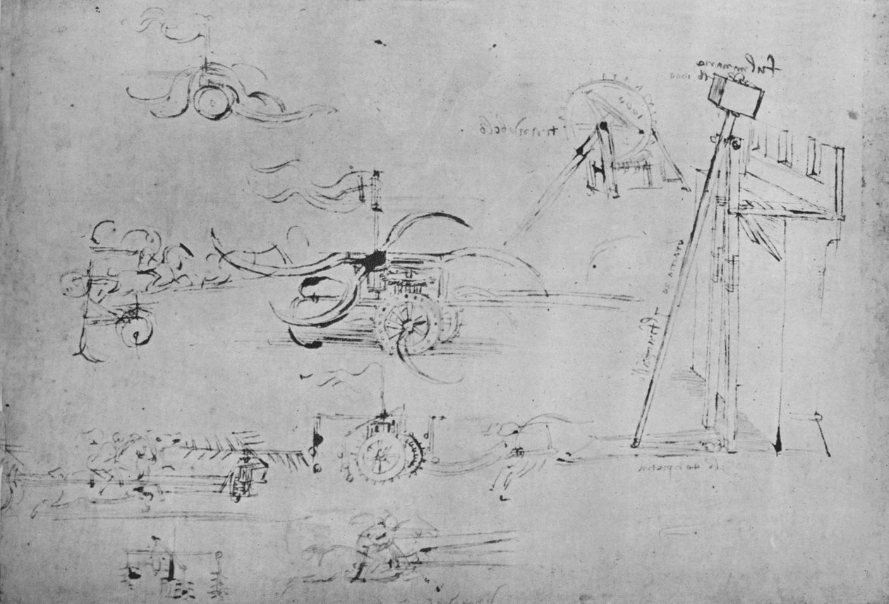Vagnar beväpnade med lie och slagor och ryttare med tre lansar, c1480, 1945 av Leonardo da Vinci