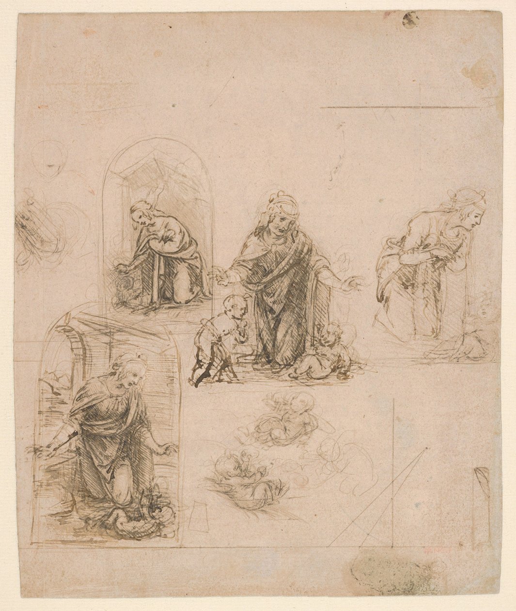 Kompositionsskisser för jungfrun som tillber Kristusbarnet, 1480-85 (silverpoint) av Leonardo da Vinci