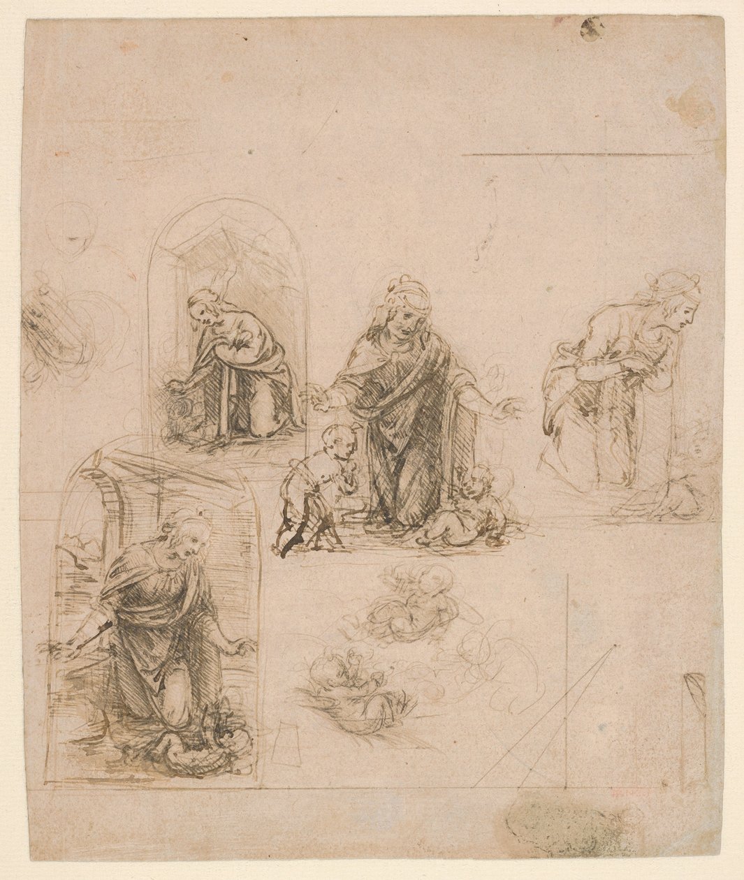 Kompositionsskisser till Jungfrun som tillber Kristusbarnet, med och utan den lille Johannes Döparen; diagram över en perspektivisk projektion (framsida); lätta klotter (baksida) av Leonardo da Vinci