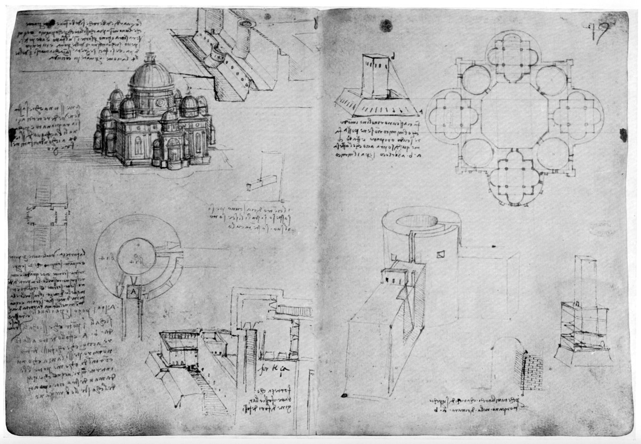 Design för en centraliserad byggnad, sent 1400-tal eller tidigt 1500-tal 1954. av Leonardo da Vinci