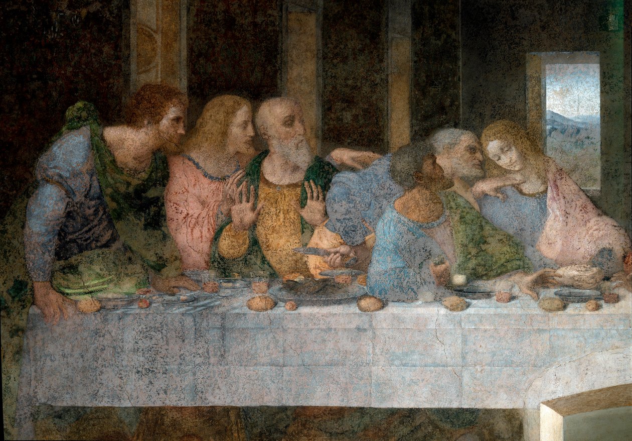 Detalj av La Cene (Il Cenacolo (Ultima Cena)) som från vänster till höger representerar aposteln Saint Barthelemy, Jakob, son till Alphee, Andre, Judas, Petrus och Johannes. 1495 - 1498. Fresk av Leonardo da Vinci (Leonardo da Vinci). Matsal i Santa Maria  av Leonardo da Vinci