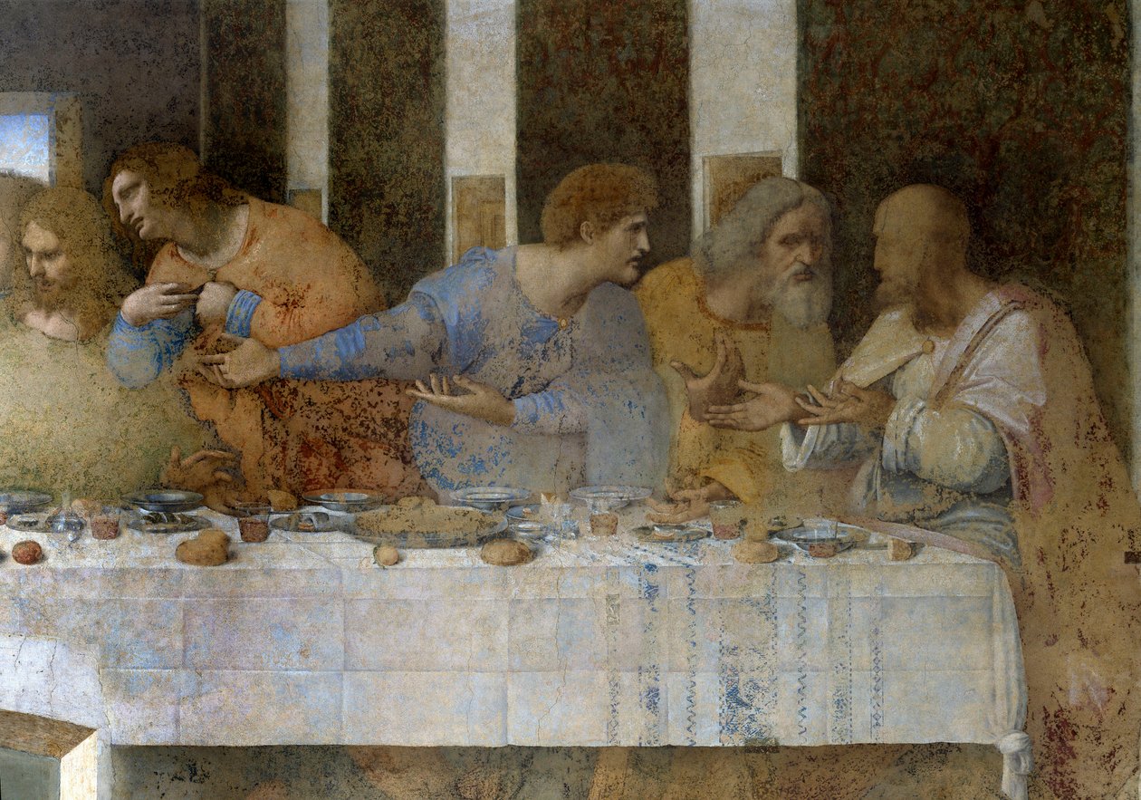 Detalj av Nattvarden (Il Cenacolo (Nattvarden)) som från vänster till höger representerar apostlarna Tomas, Jakob majoren, Filip, Matteus, Judas Thaddee och Simon seloten. 1495 - 1498. Fresk av Leonardo da Vinci. Matsalen i St. Mary