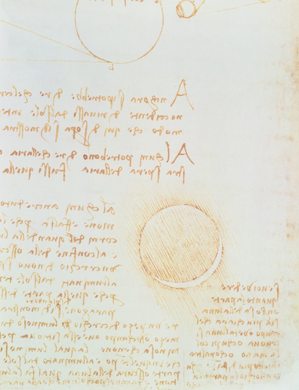Detalj av fol. 2r, från Codex Leicester, som visar månens yttre ljusstyrka av Leonardo da Vinci