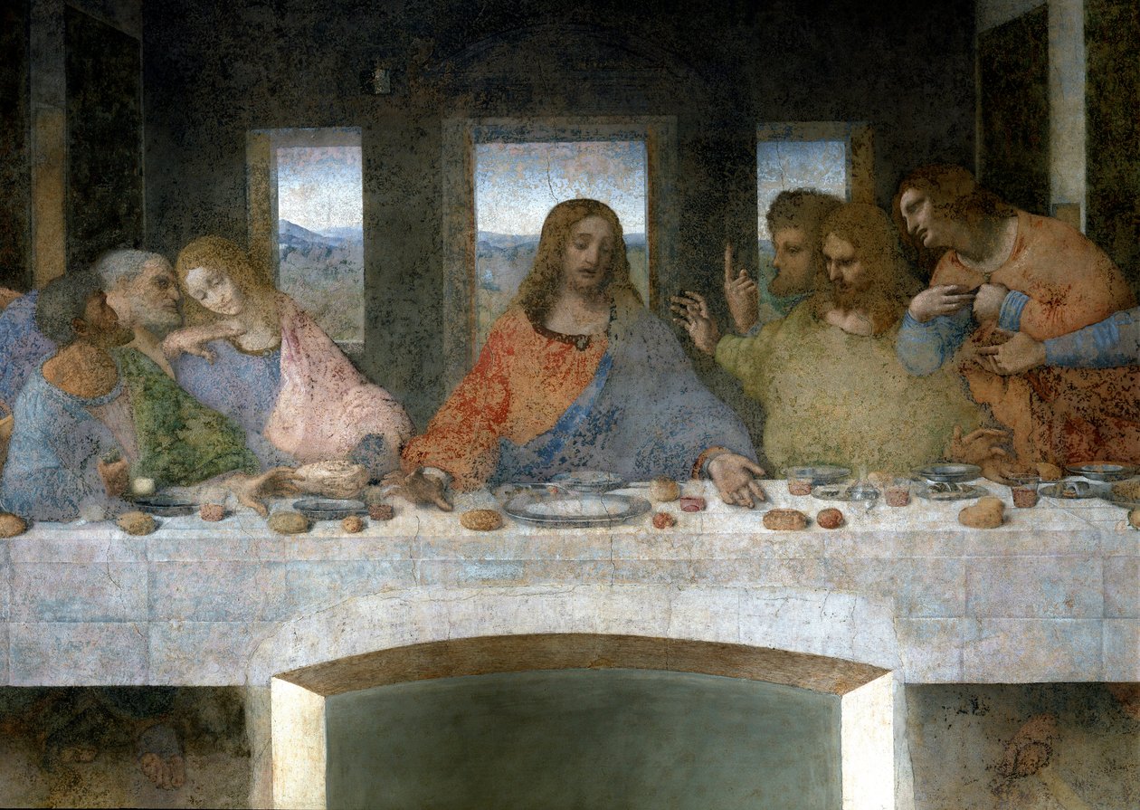 Detalj av Cene (Il Cenacolo (Ultima Cena)) som till vänster representerar apolerna Judas, Petrus och Johannes, Kristus i mitten och apolerna Thomas, Jakob majoren och Filip. Bokstaven V mellan Johannes och Kristus skulle hänvisa till gralens bägare eller t av Leonardo da Vinci