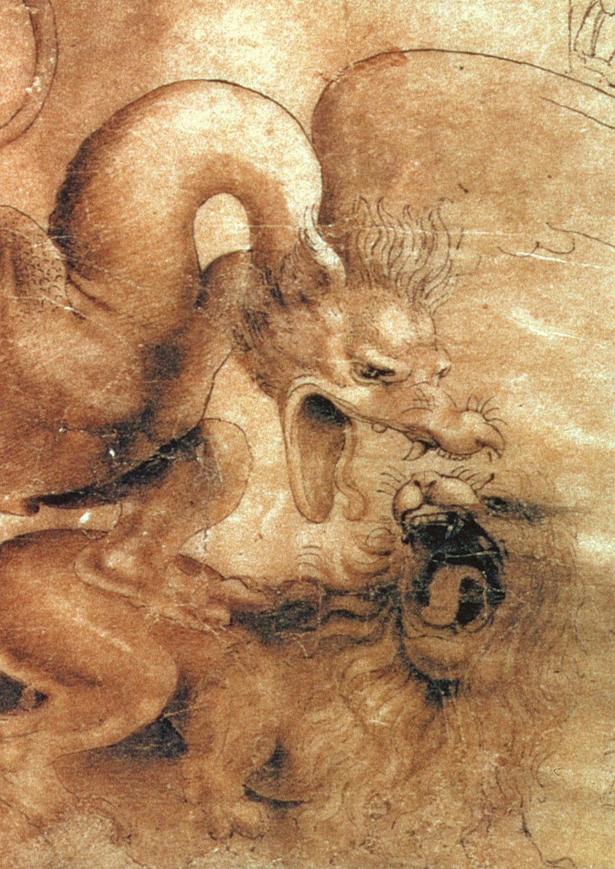 Detalj av draken från teckningen Kampen mellan en drake och ett lejon brunt bläck med tvätt på papper av Leonardo da Vinci