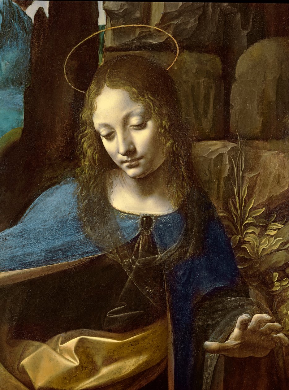 Detalj av jungfruns huvud, från klippornas jungfru (Jungfrun med det lilla barnet Johannes som tillber det lilla Kristus tillsammans med en ängel), detalj, ca 1508 av Leonardo da Vinci