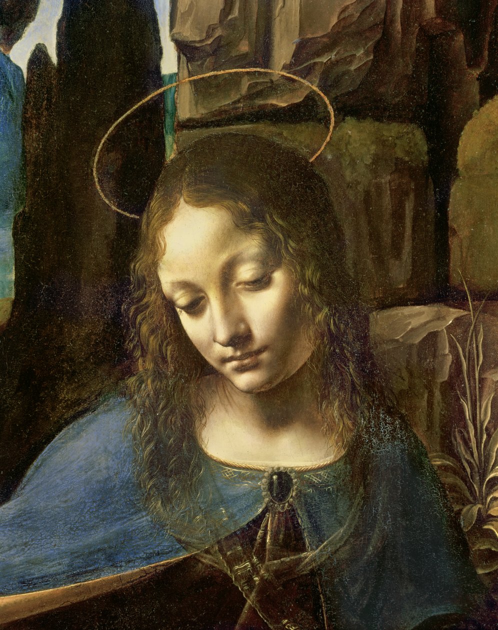 Detalj av Jungfruns huvud, från The Virgin of the Rocks (Jungfrun med spädbarnet Sankt Johannes som tillber spädbarnet Kristus åtföljd av en ängel), ca 1508 av Leonardo da Vinci