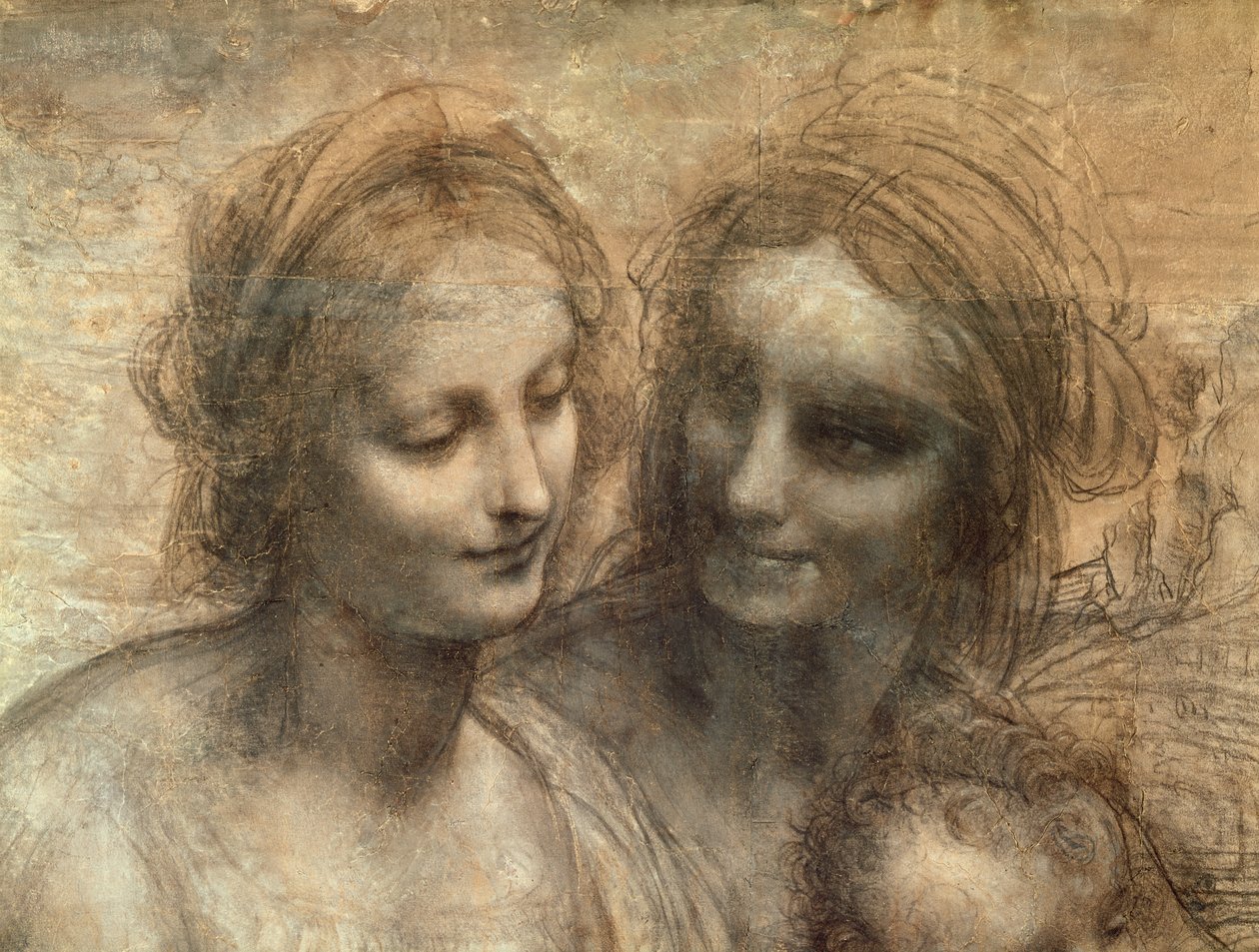 Detalj av Jungfruns och St. Annes huvuden, från Jungfrun och barnet med SS. Anne och Johannes döparen, ca 1499 (kol och vit krita på papper, monterad på duk) av Leonardo da Vinci
